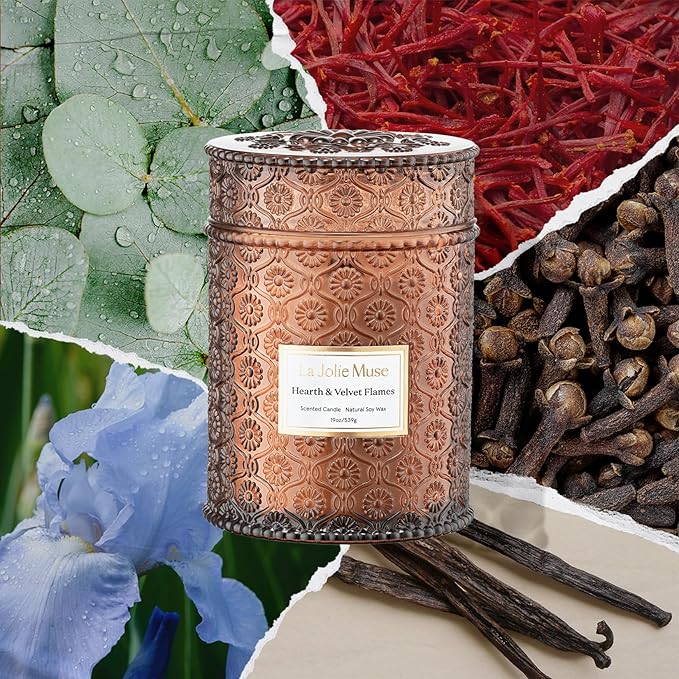 LA JOLIE MUSE Christmas Candles | Hearth & Velvet Flames | Saffron, Clove & Vanilla | 19 oz Large Wooden Wick Soy Candle | 90-Hour Clean Burn | Holiday Candle Gift | Gift-Ready for Hosts & Festive Gat