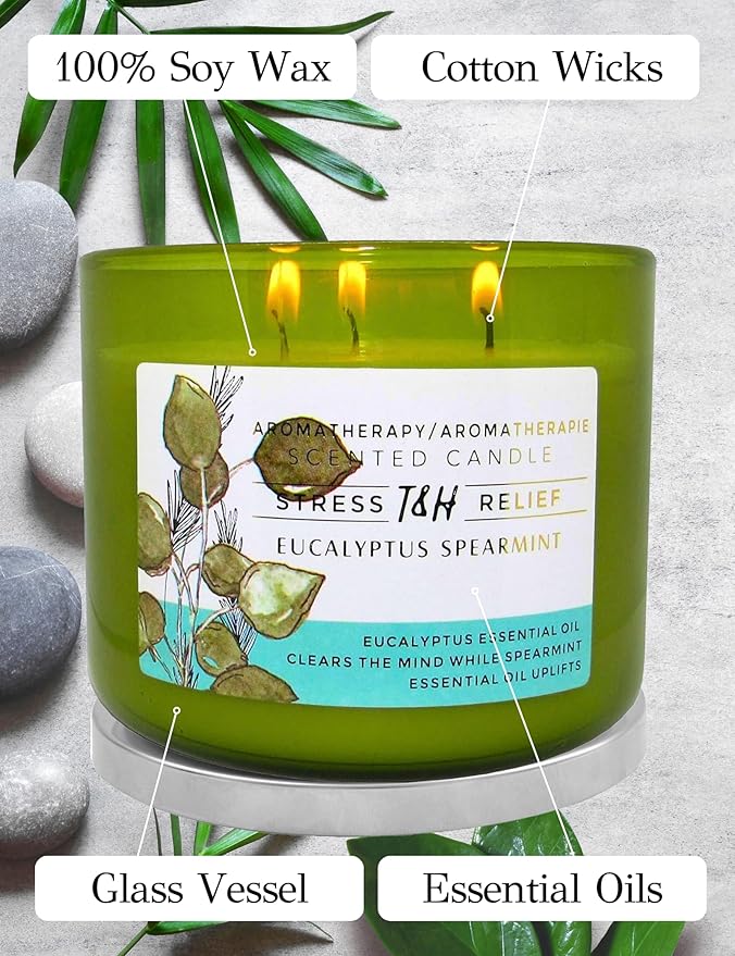Eucalyptus Spearmint Aromatherapy Candle 3-Wick | Soy Scented Candle for Home 15.8 oz | Stress Relief Candle | Spa Candles Gift for Relaxation, Men & Women | Long Lasting Eucalyptus Candles