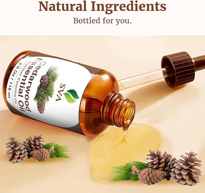 SVA Cedarwood Essential Oil – 4 Fl Oz – 100% Natural Cedar Cupressus Funebris Oil - for Diffuser, Hair Care, Face, Skin Care, Aromatherapy, Scalp and Body Massage, Soap and Candles - with Dropper