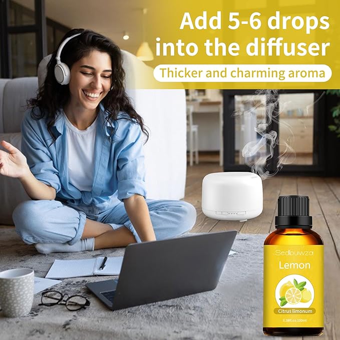 Sedbuwza Lemon Essential Oil 3.38 Fl OZ, 100% Pure Undiluted Lemon Oil for Diffuser, Aromatherapy, Perfumes, Candle, Soap Making