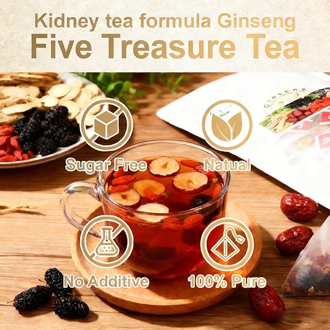 Ginseng Five Treasures Kidney Tea – Natural Herbal Tea with Ginseng & Maca, Traditional Ginseng Five Treasure Tea for Daily Energy & Balance, 30 Pyramid Tea Bags (10g Each) (1pc)