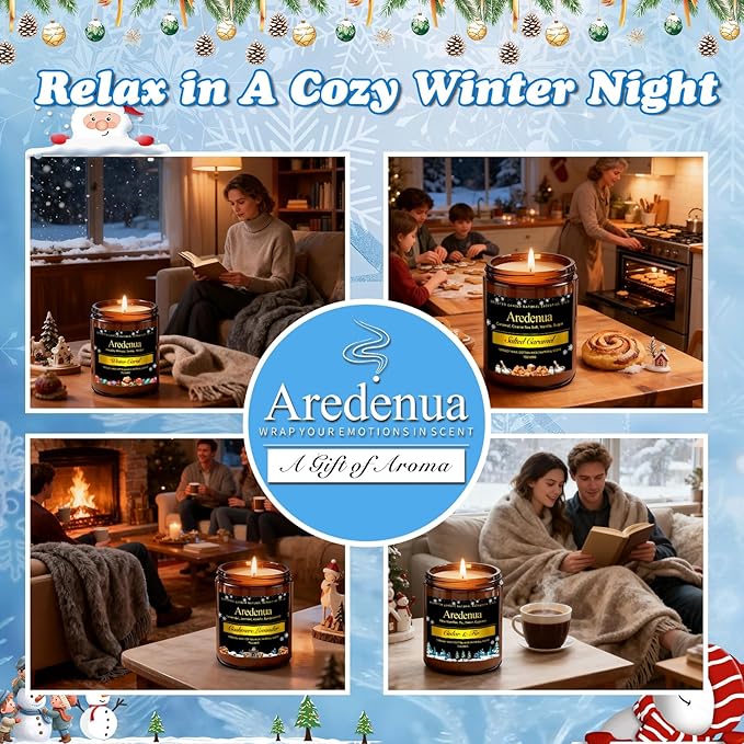 Winter Candles Set | 4 Pack Holiday Scented Candles - Cozy Winter Soy Candle Scents of Warm Cashmere/Firewood/Cedar & Fir/Salted Caramel - Christmas Candle Gifts for Women Men, Holiday Home Décor