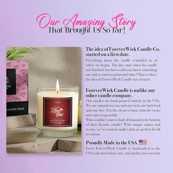 I Love You Surprise Candle with Diamond Inside | Foreverwick Candles | Scented Soy Candles Gifts for Women Anniversary Candle Wax | Romance Candles All-Natural Organic Soy Candle 14oz | 70h