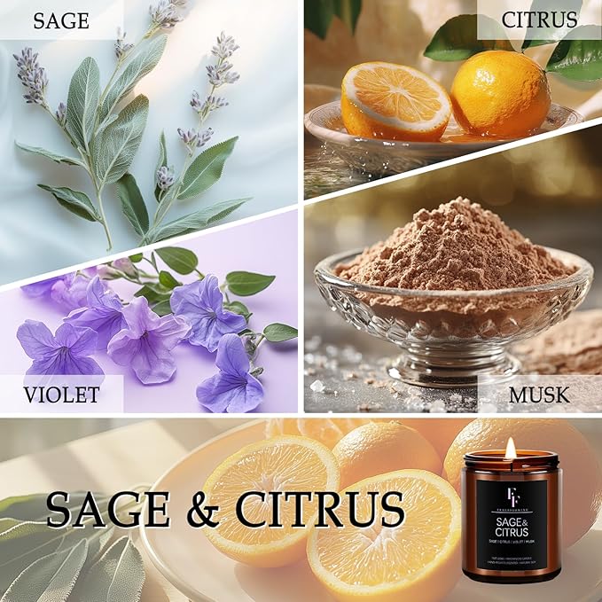 Sage & Citrus Candle, Scented Candle for Home Soy Wax Candle, Aromatherapy Candle Gift for Women Men, 7oz