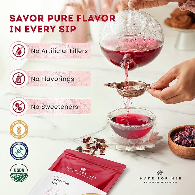 Organic Hibiscus Tea – Caffeine Free Herbal Loose Leaf Tea - Hibiscus Flowers, Rich in Antioxidants & Vitamin C, Tart & Refreshing Flavor, Best Served Hot or Iced Tea - 4oz