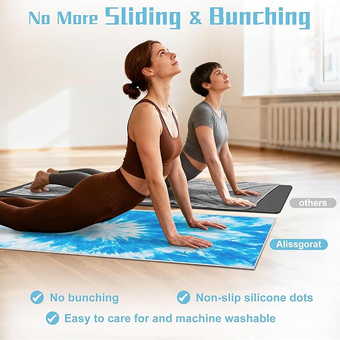 alissgorat Yoga Mat Towel,Hot Yoga Towel High-Definition Pattern,Machine Washable with Ultra-Absorbent Yoga Towels for Hot Yoga Non Slip for Fitness,Exercise,Pilates,72 x 27 in,Blue & White