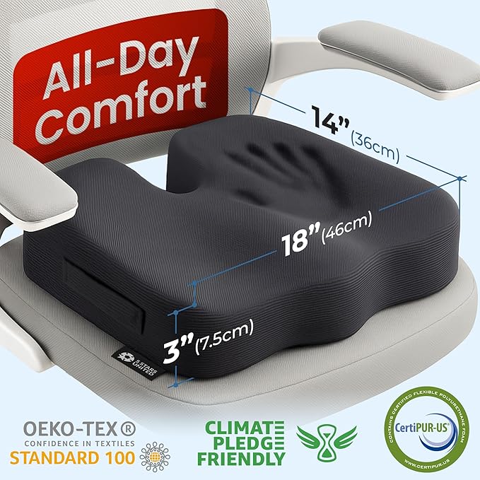 Seat Cushion for Office Chairs - Tailbone, Coccyx Pain Relief - Butt, Pressure & Sciatica Relief - Gaming, Wheelchair, Car & Desk Pillow, Black