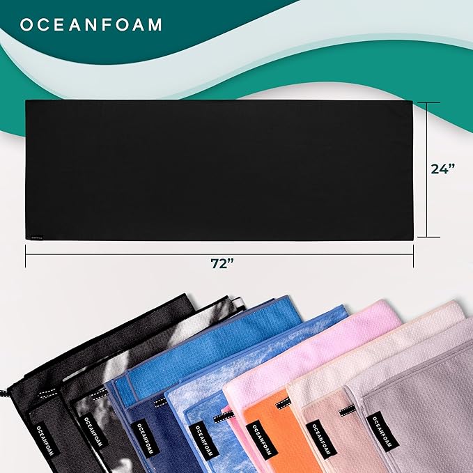 Oceanfoam Beach Towel – Lightweight, Absorbent, Quick-Drying, Sand-Resistant, Non-Slip – Ideal for Workouts, Yoga, Pilates, Beach, Pool, Boat & Travel – 25% Recycled – 72"x24" (Black)