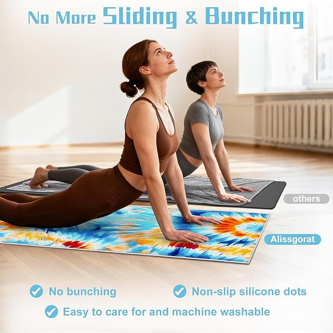 alissgorat Yoga Mat Towel,Hot Yoga Towel High-Definition Pattern,Machine Washable with Ultra-Absorbent Yoga Towels for Hot Yoga Non Slip for Fitness,Exercise,Pilates,72 x 27 in,Blue& Orange
