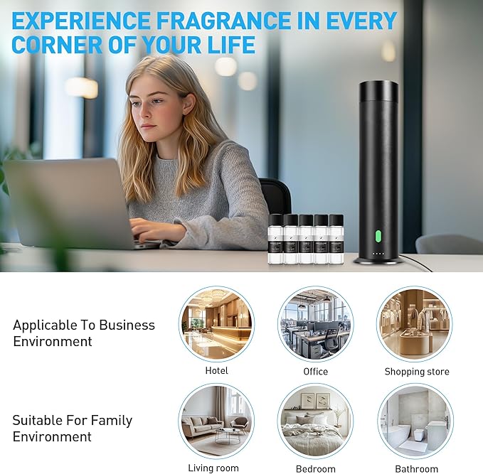 Waterless Scent Diffuser Starter Kit - 1000 Sq Ft Coverage, Hotel Scent Diffuser, Essential Oil Diffuser Large Room, Included 5 Scent Oils, Remote Control, SandGreen