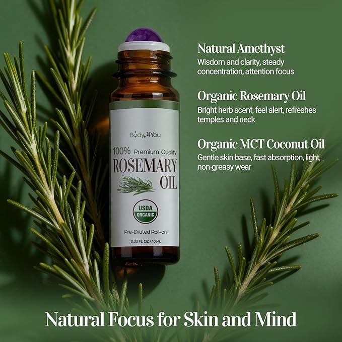 BodyJ4You Rosemary Essential Oil Roll On - Pure 100% USDA Organic MCT Coconut Oil - Natural Amethyst Stone Roller - Scalp Care Roots Temple Massage Hairline - Amber Glass Bottle Rollerball (10ml)