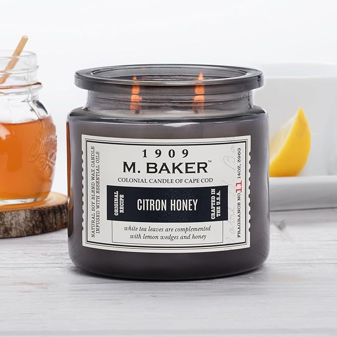 Colonial Candle Citron Honey Scented Jar Candle | 2-Wick Natural Soy Blend Wax Candle for Home | Relaxing Aromatherapy Candle Infused with Essential Oils | M. Baker Apothecary Glass Jar Candle