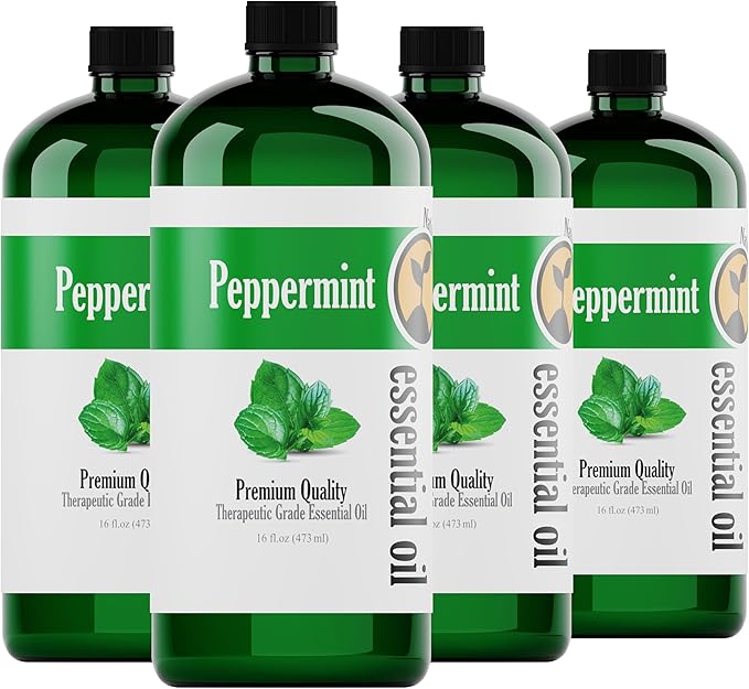 Peppermint Essential Oil, 4 Pack 16oz Each, 64oz Bulk, Therapeutic Grade Peppermint Essential Oil for Aromatherapy, Soap Making, Candles, Diffuser