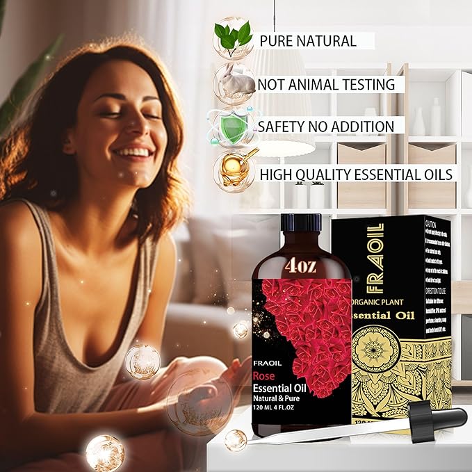 Rose Essential Oil, Rose Oil 4 Fl Oz 120ML for Diffuser Humidifier Yoga Cleaning DIY Candle Soap Making Valentine's Day Gift Essential Oils
