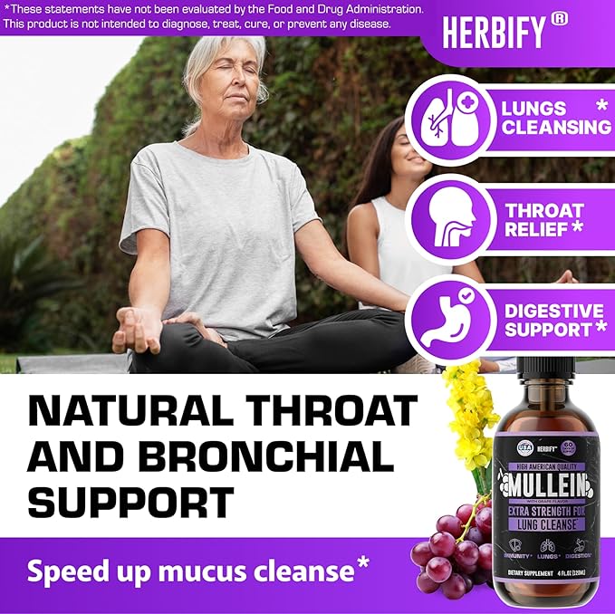 HERBIFY Mullein Drops - Lung Cleanse - Leaf Extract - Powerful Mullein for Immune Support, Detox & Respiratory Support - Made in USA - Herbal Supplements - 4 Oz Grape Flavor