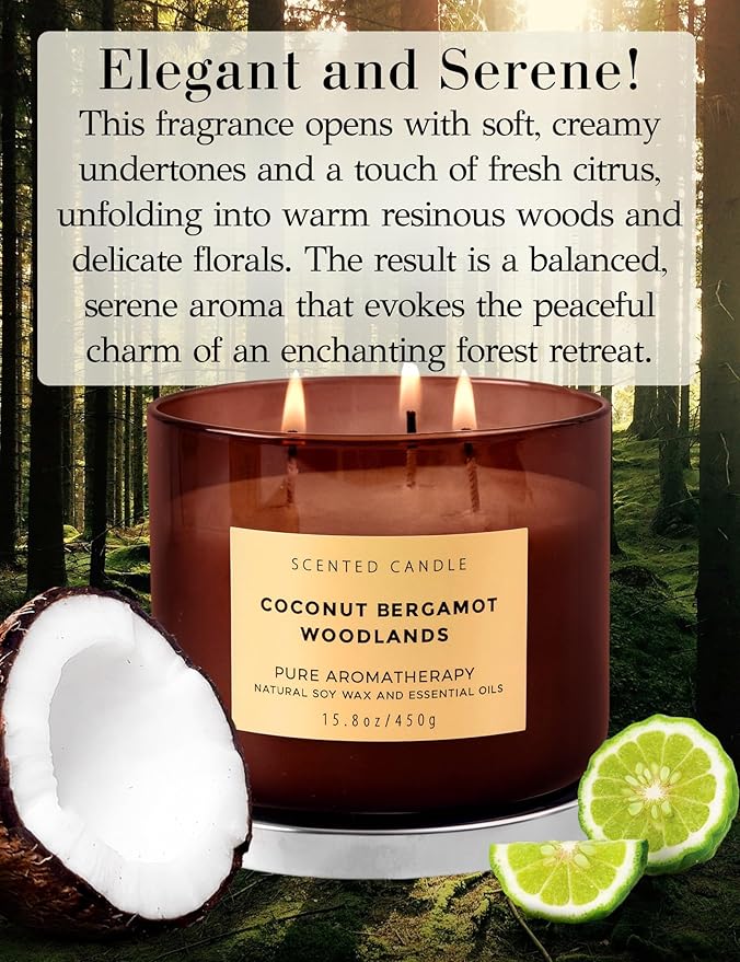 Coconut Bergamot Woodlands 3 Wick Soy Scented Candle 15.8 oz | Creamy Coconut & Balsam Woods Candle for Home | Aromatherapy Stress Relief Candle for Men & Women | Long Lasting 3 Wick Soy Candles