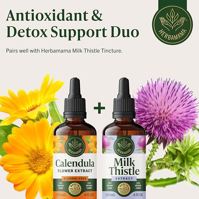 HERBAMAMA Calendula Tincture - Vegan Antioxidant & Detox Support with Calendula Herb Extract Drops - Non-GMO, Alcohol & Sugar-Free Liquid Supplement, 84-Day Supply