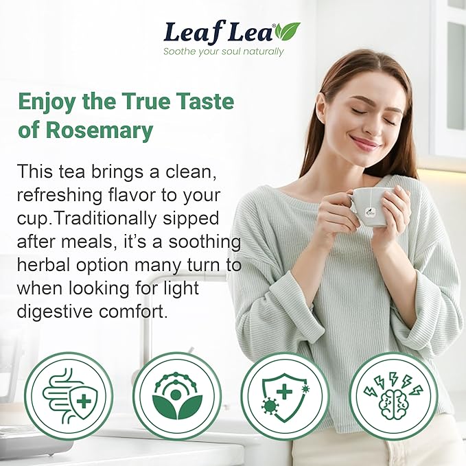 LeafLea 40 Premium Rosemary Tea Bags from 100% Natural Rosemary Leaves, Herbal Tea for Gentle Digestive Comfort, Te De Romero Earthy Taste & Light Aroma, Caffeine-Free, Sugar-Free, Non-GMO