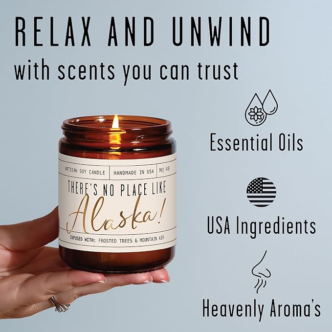 Alaska Gifts, Alaska Decor for Home - 'There's No Place Like Alaska Candle, w/Frosted Trees & Mountain Air I Alaska Souvenirs I Alaska State Gifts I 9oz Jar, 50Hr Burn, USA Made