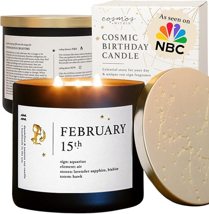 February 15th Personalized Zodiac Candle | Inspirational Astrology Reading and Daily Affirmation for Your Birthdate | Handmade Aquarius Candles | Astrology Birthday Gifts for Women
