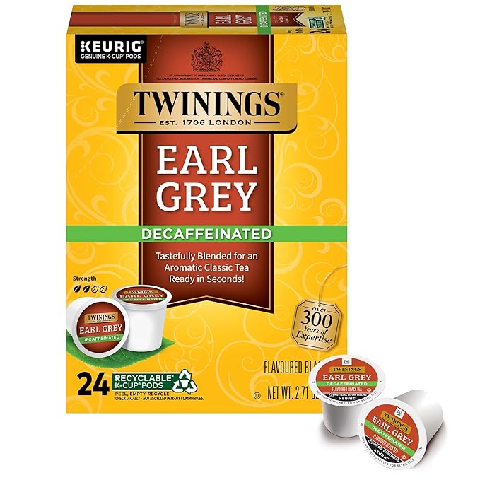 Twinings Decaffeinated Earl Grey Black Tea K-Cup Pods for Keurig, 24 Count (Pack of 1), Flavoured with Citrus and Bergamot, Enjoy Hot or Iced