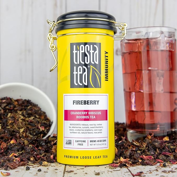 Tiesta Tea - Fireberry Cranberry Hibiscus Loose Leaf Tea, Premium Caffeine-Free Rooibos Blend, Brew Hot or Iced, Makes Up to 250 Cups, 16oz Bulk Pouch & 5oz Refillable Tin Set