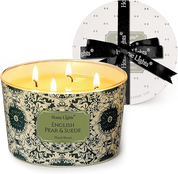 HomeLights Soy Wax Candles for Home Scented, 4-Wick Candles in English Pear & Suede Scented, Aromatherapy Candles Gift for Parties, Relaxing, Bohemian Natural Textures, 18oz