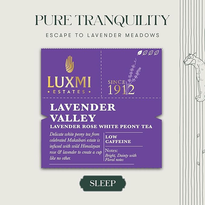 Luxmi Estates Lavender Valley Organic Lavender Tea (25 Tea Bags) Low Caffeine Tea Bags For Sleep, Relaxing, Calming, and Stress Relief, With Certified Organic Darjeeling Makaibari White Tea