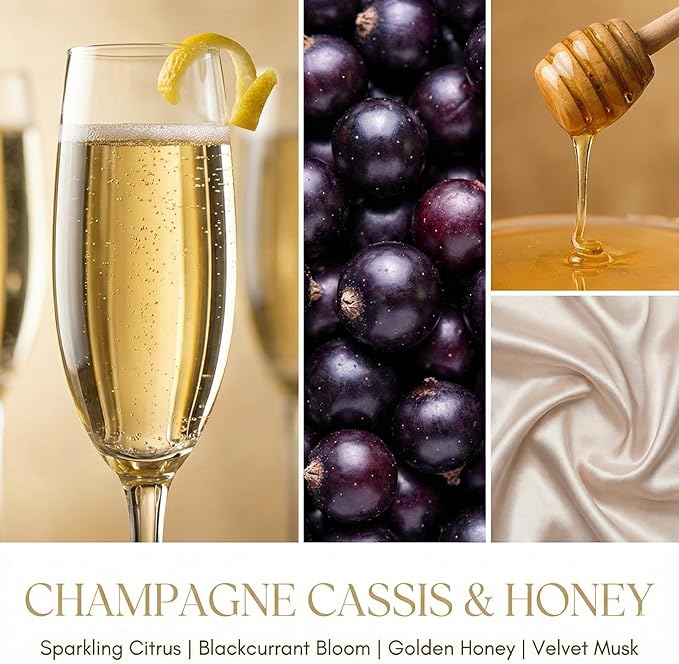 HomeLights Scented Candles | Large Jar 34 Oz Natural Soy Candle | 130 hrs Long-Lasting with 3 Wicks | Eclectic Mixed Styles Home Decor | Gifts for Mom & Women, Champagne Cassis & Honey
