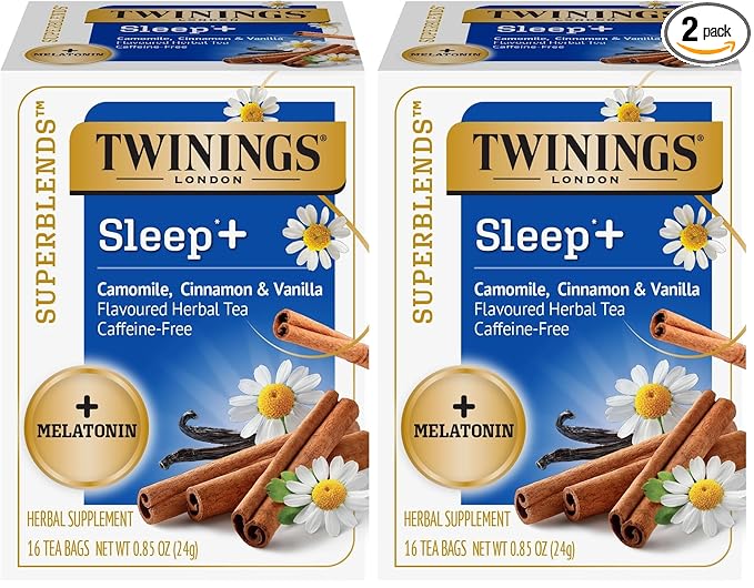 Twinings Superblends Sleep+ Herbal Tea with 1mg Melatonin Camomile, Cinnamon & Vanilla, Naturally Caffeine-Free, 16 Tea Bags (Pack of 2), Enjoy Hot or Iced