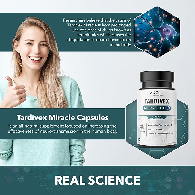 Offers TARDIVE DYSKINESIA Relief- Relief for Symptoms Including Muscle spasms, Stiff Jerky Movements, and Other involuntary Body Movements Affecting The face, Mouth, and Eyes.