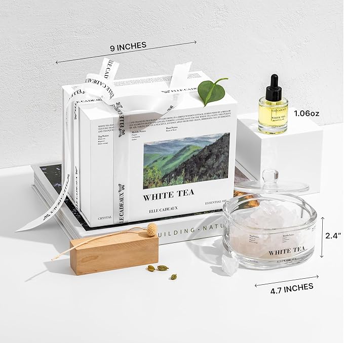 White Tea Oil Diffuser Aromatherapy Gift Set with Crystal Stones – Home Spa & Relaxation Oil Gift for Women, Luxury Decor & Gift for Women, Housewarming or Birthday Gift Set | 1.06oz
