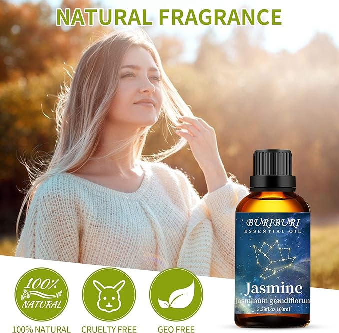 BURIBURI Jasmine Essential Oil 100% Pure Undiluted Aromatherapy Jasmine Oil 100ML/3.38fl.oz for Soap, Candle Making, Massage, Diffuser, Humidifier