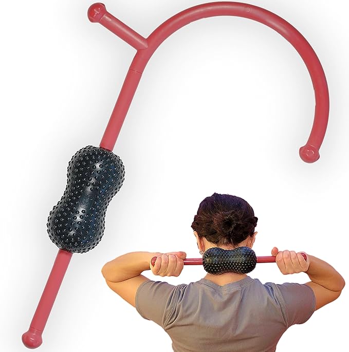 Roller Cane Massager | 2-in-1 Massage Roller Stick & Trigger Point Cane | Rubber Ball for Deep Tissue, Myofascial Release & Muscle Recovery (Red)