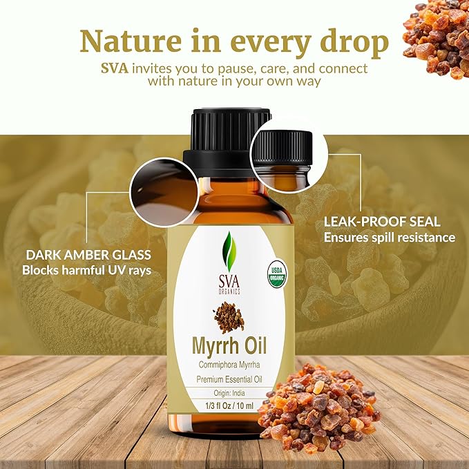 SVA Myrrh Essential Oil Organic – 1/3 Fl Oz – 100% Natural Organic Myrrh Oil - for Diffuser, Hair Care, Face, Skin Care, Aromatherapy, Scalp and Body Massage, Soap and Candle Making