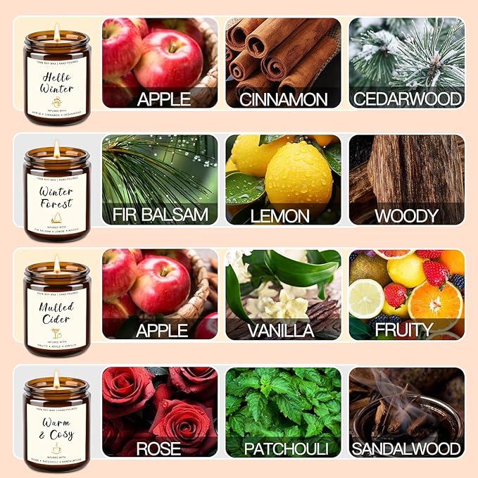 Winter Scented Candle Gift Set for Women – 4 Pack Soy Candles with Apple Cinnamon, Fir Balsam, Mulled Cider, Sandalwood – 200 Hour Burn Time, Holiday Gifts for Her, Home Decor & Cozy Nights
