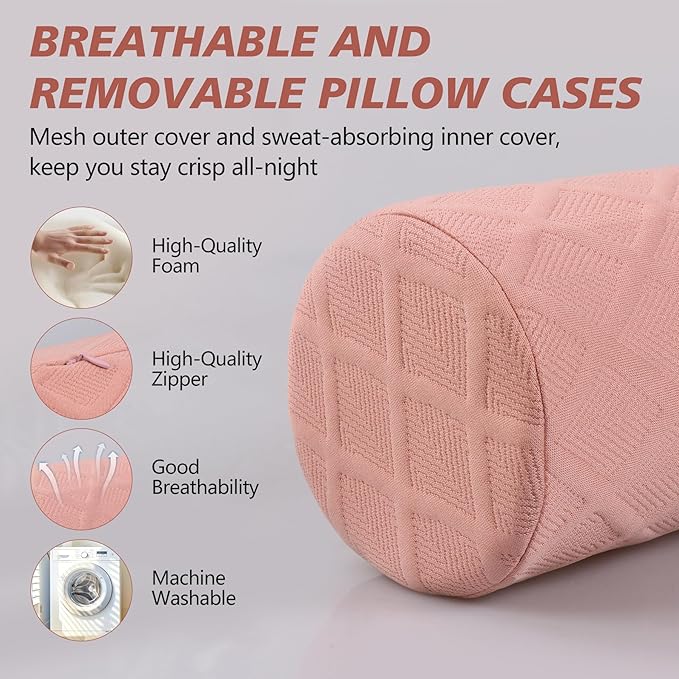 Cozyhealth 3.1" H Small Cervical Roll Pillow, Medium Soft Memory Foam Neck Round Pillow Cylinder Bolster Pillow for Sleeping, Round Neck Support for Bed, Legs, Back and Yoga (Pink, Small - 3.1" H)