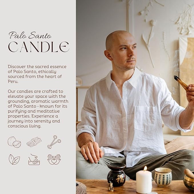 Palo Santo | Natural Coconut Wax Candle | Authentic Peruvian Palo Santo | Paraffin-Free | Crackling Wood | Handcrafted Gift | Luxury Aromatherapy for Home & Wellness | 8 oz | 60-Hour Burn