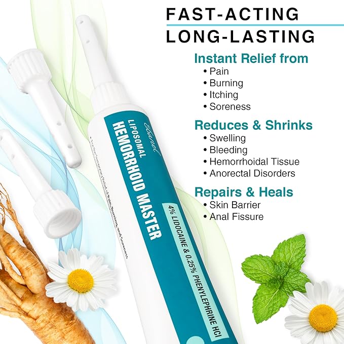 Ebanel 4% Lidocaine Hemorrhoid Treatment Ointment with Phenylephrine, Hydrocortisone, Vitamins B6, D3, E, Zinc Oxide, External and Internal Hemorrhoids Treatment Burn Itch Pain Relief Anal Cream