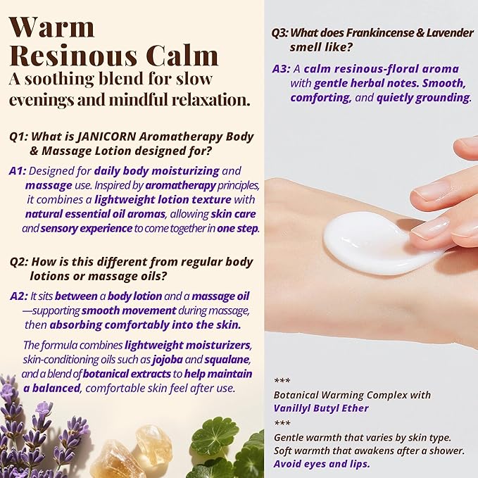 Frankincense & Lavender Aromatherapy Body & Massage Lotion, Hydrating Moisture with a Warm Resinous-Floral Essential Oil Aroma for a Gentle Self-Care Experience, 3.4 fl oz / 100 ml