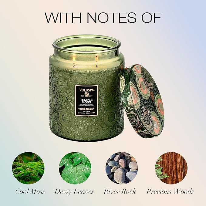 Voluspa Temple Moss, Two Wick Luxe Candle Jar, 44 oz, Coconut Wax Blend, Scented Candles for Home, 140 Hour Burn Time, Handcrafted in the USA
