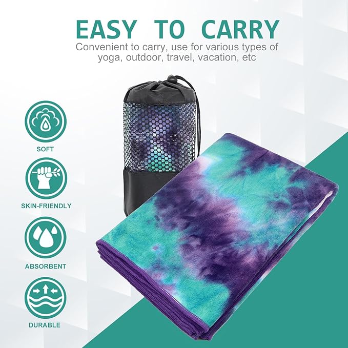 Eunzel Hot Yoga Towel - Microfiber Non Slip Yoga Mat Towel with Grip Dot Sweat Absorbent Towel for Hot Yoga, Pilates and Fitness 72" x 24", Green & Purple/Purple