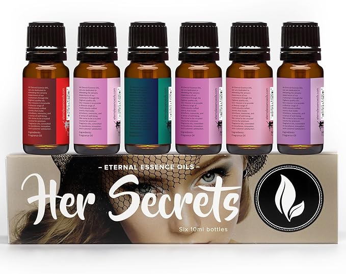 Eternal Essence Oils Her Secrets Set of 6 Premium Fragrance Oils - Includes Pretty, Dark Embrace, Forever Yours, Secret Crush, Pink Splash, and Sugar Kiss Scents Scented Oils - 10ML
