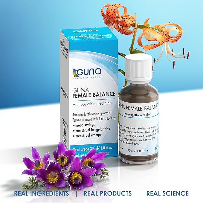 Guna Female Balance Homeopathic Medicine Temporarily relieves Symptoms of Female hormonal imbalance, Such as Mood Swings, Menstrual Irregularities and Menstrual Cramps. 1 Ounce