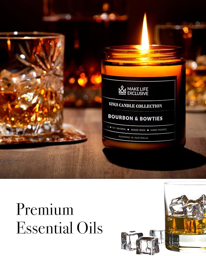Scented Candles for Men | Bourbon Scented & Bowties | Wooden Wick, Long Lasting, Masculine Scents | Natural Soy Jar Candle for Home, Bacehlor Pad Decor | The Perfect Mens Gift