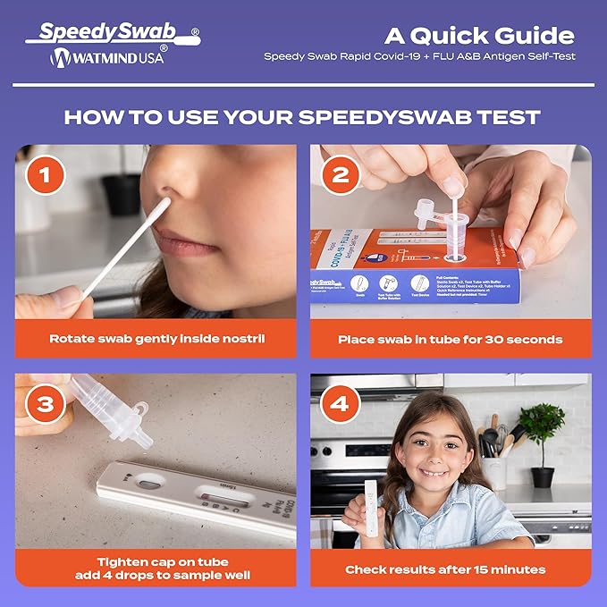 SpeedySwab COVID-19 and Flu A&B, 3-in-1 Antigen Rapid Combo Test, Results in 15 Minutes, FDA Authorized, At-Home Flu and COVID Test Kit, Easy to Use Nasal Swab (1 Pack)