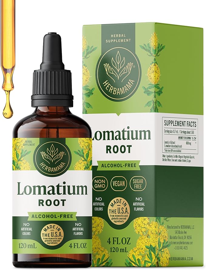 HERBAMAMA Lomatium Root Tincture - Vegan Lomatium Dissectum Extract for Lung Cleanse & Detox - Non-GMO, Alcohol & Sugar-Free Respiratory Lung Support Supplement, 56-Day Supply