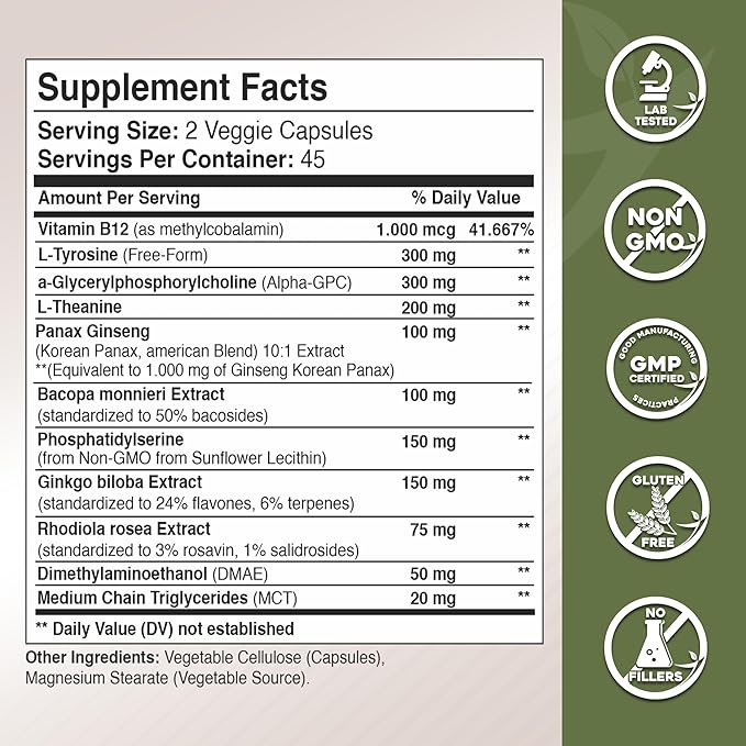 Gade Nutrition Alpha GPC + Ginkgo Biloba + Panax Ginseng + L- Tyrosine, L-Theanine, Bocopa Monnieri, Rhodiola Rosea, B12, MCT