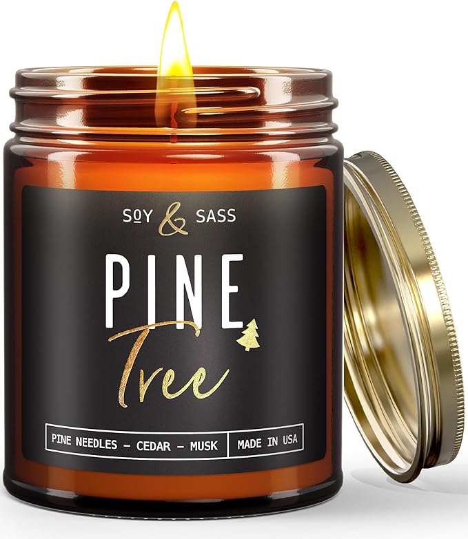 Pine Candle, Pine Scented Candles, Christmas Candles Scented - 'Pine Tree' Soy Candle, w/Fir Needles, Warm Cedar & Sandalwood - Infused with Essential Oils I Christmas Candles I 9oz, 50Hr, USA Made