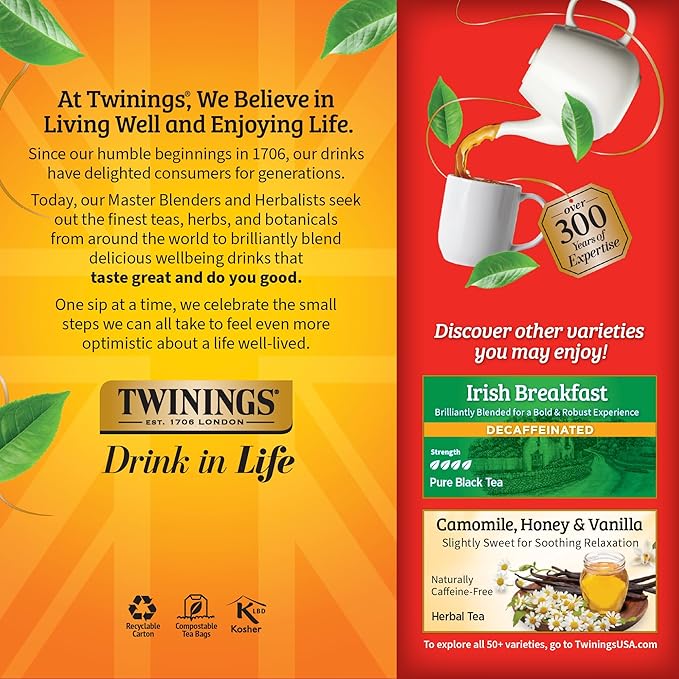 Twinings Decaffeinated English Breakfast Black Tea Individually Wrapped Bags, 25 Count (Pack of 6), Flavourful, Robust, Enjoy Hot or Iced, 150 Teabags